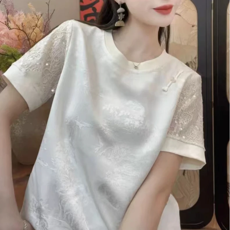 [珠翠】新中式国风上衣夏季蕾丝刺绣短袖提花透气