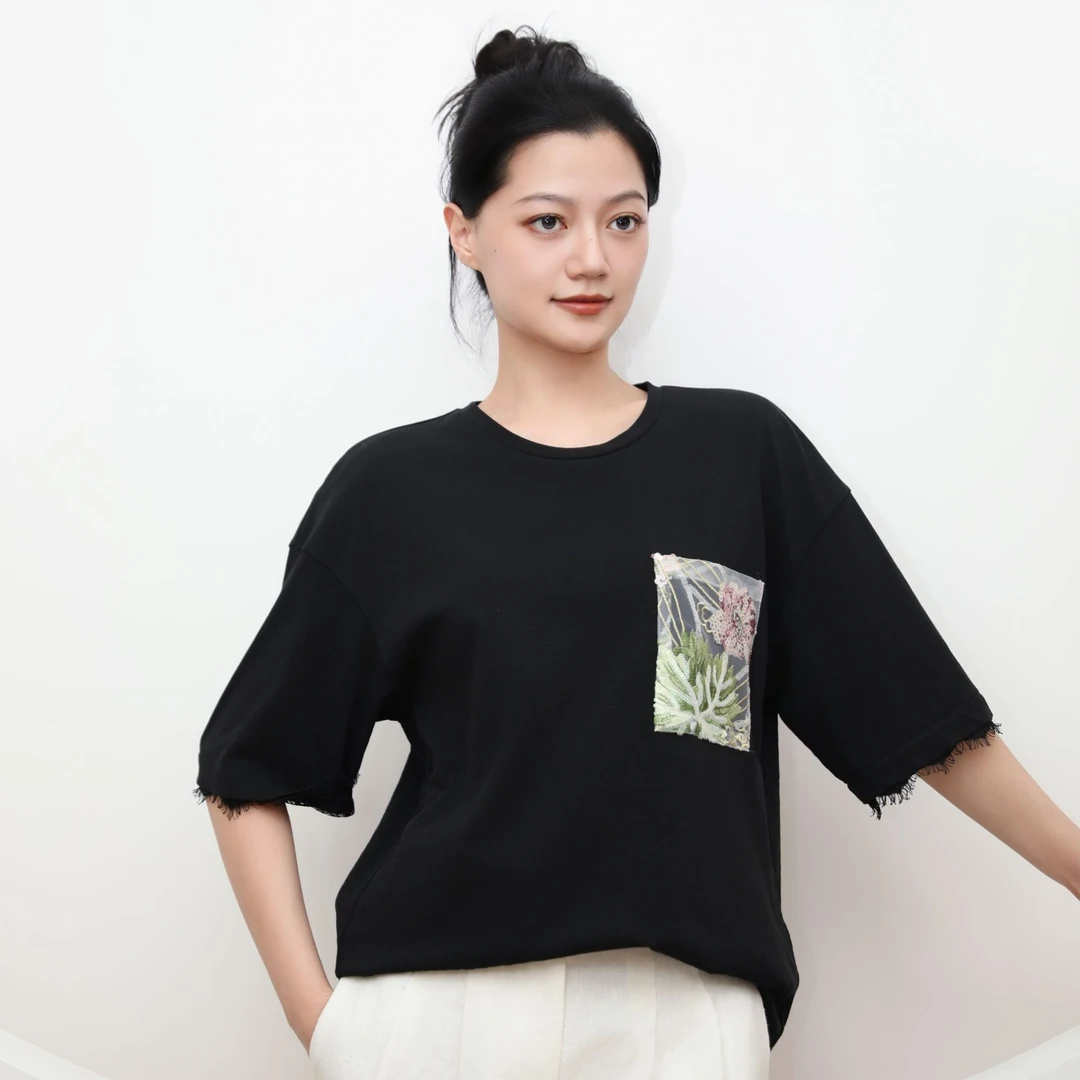 玉兰悠悠2025新款春夏宽松蕾丝亮片口袋T恤时尚百搭纯棉黑色