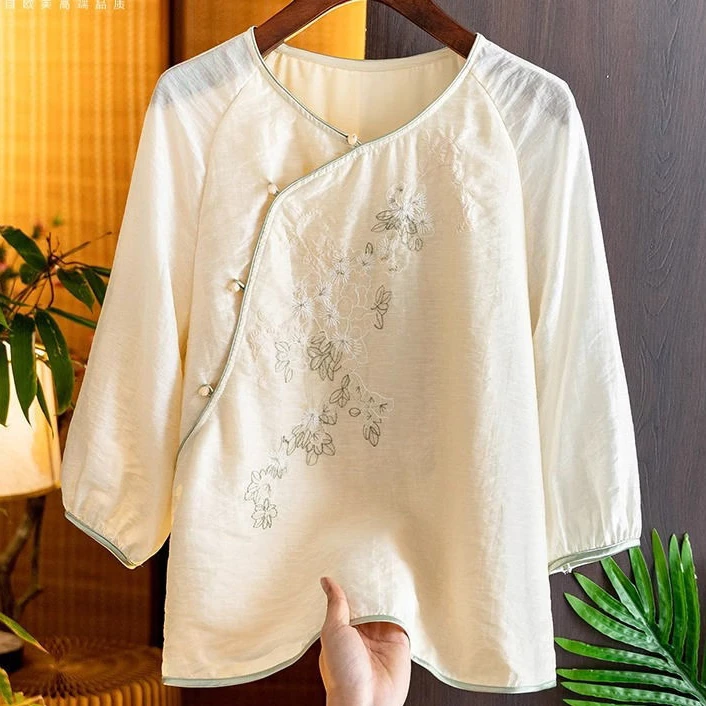 【现货+运费险】文艺复古盘扣国风刺绣棉麻衬衫中式斜襟茶服Y941