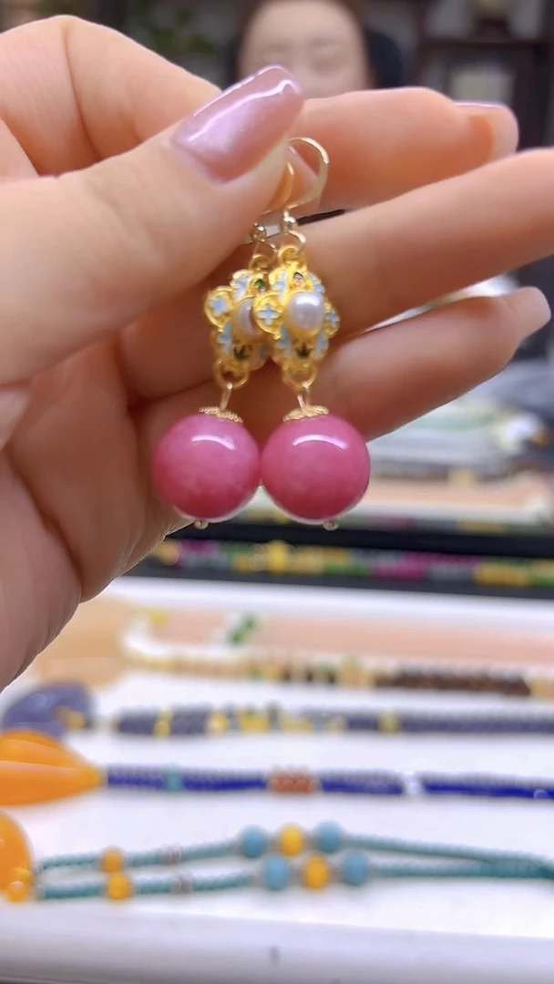 菱锰矿（红纹石）14K金镶嵌耳饰DIY款E798