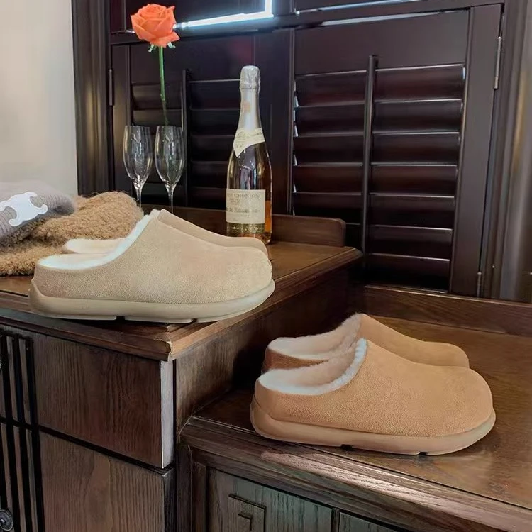 半托冬季复古老钱风加绒包头懒人穆勒鞋保暖拖鞋铁头