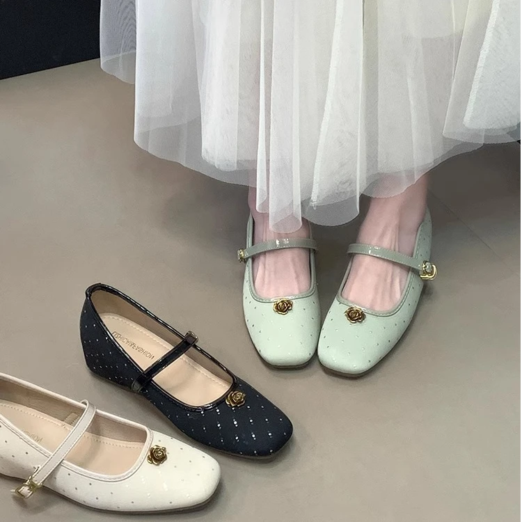 内增高5cm~复古新中式山茶花玛丽珍鞋女春秋季芭蕾鞋方头浅口单鞋