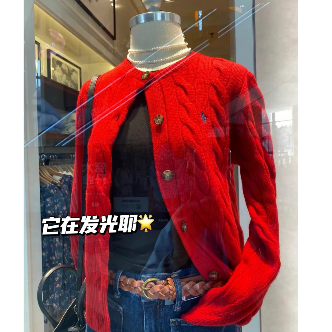 【年款红色毛衣开衫 】羊+绞花开衫外套长袖宽松圆领针织打底衫