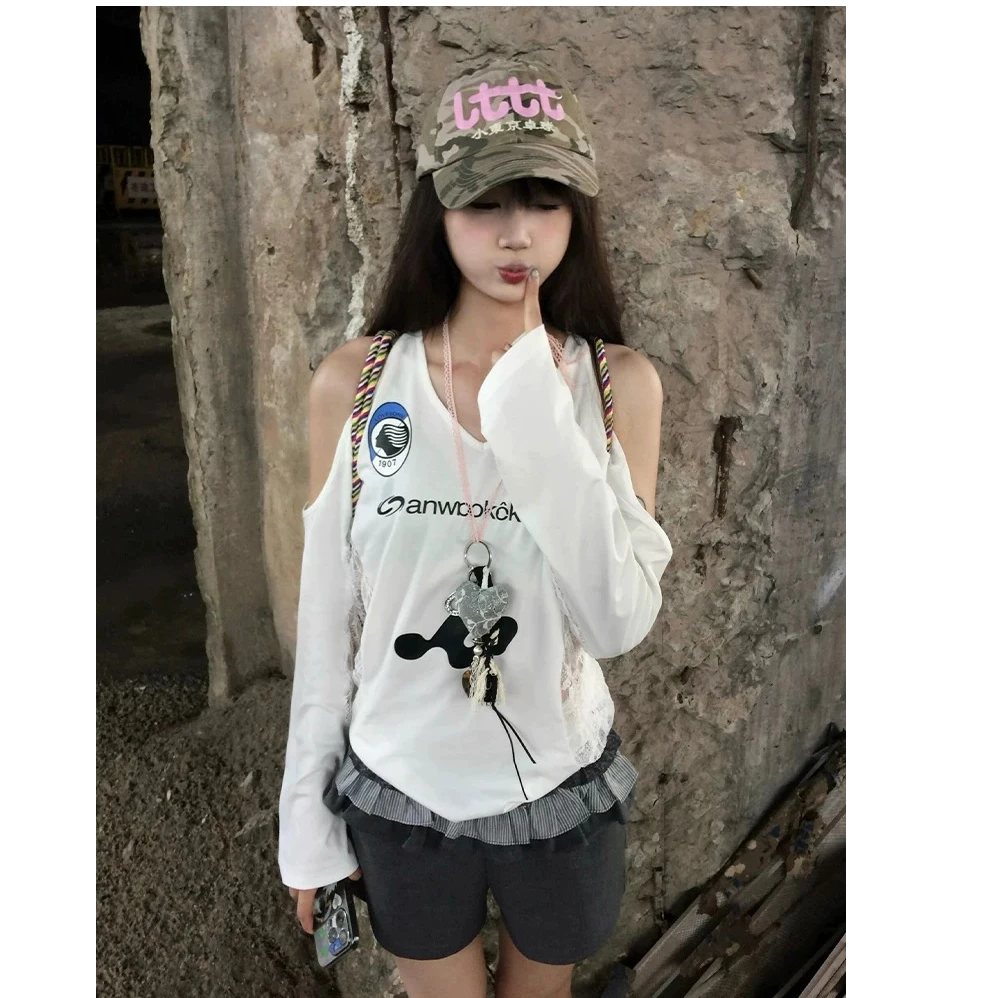 美式露肩长袖t恤女早秋新款蕾丝拼接v领球衣宽松松弛感运动上衣潮