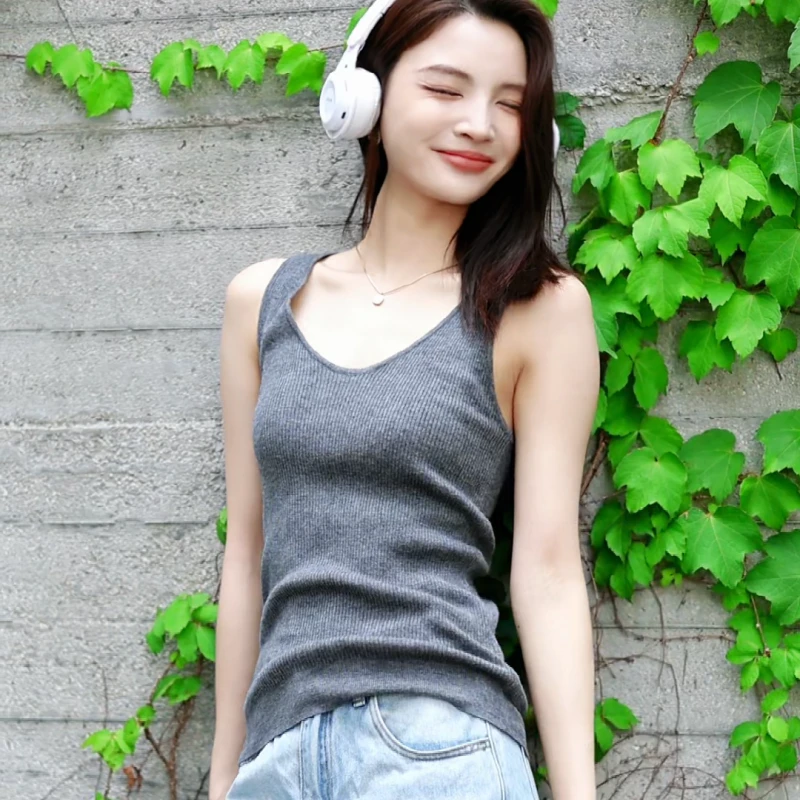 温尔家 48支美丽诺羊毛坑条背心女修身马甲气质款无袖打底衫上衣