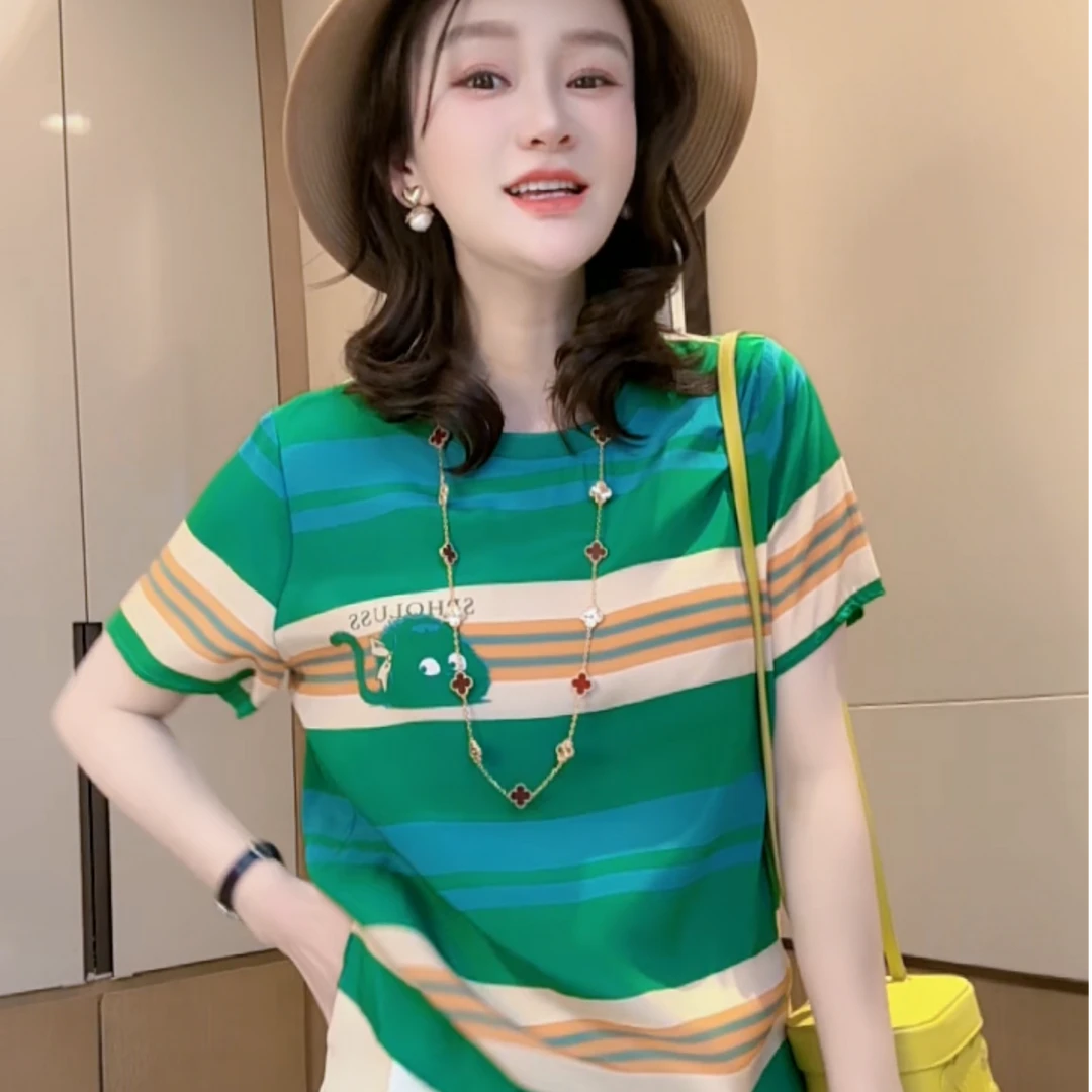 【丝芙玉禄】（F484）+100%真丝双绉条纹创意绿色桑蚕丝t恤上衣