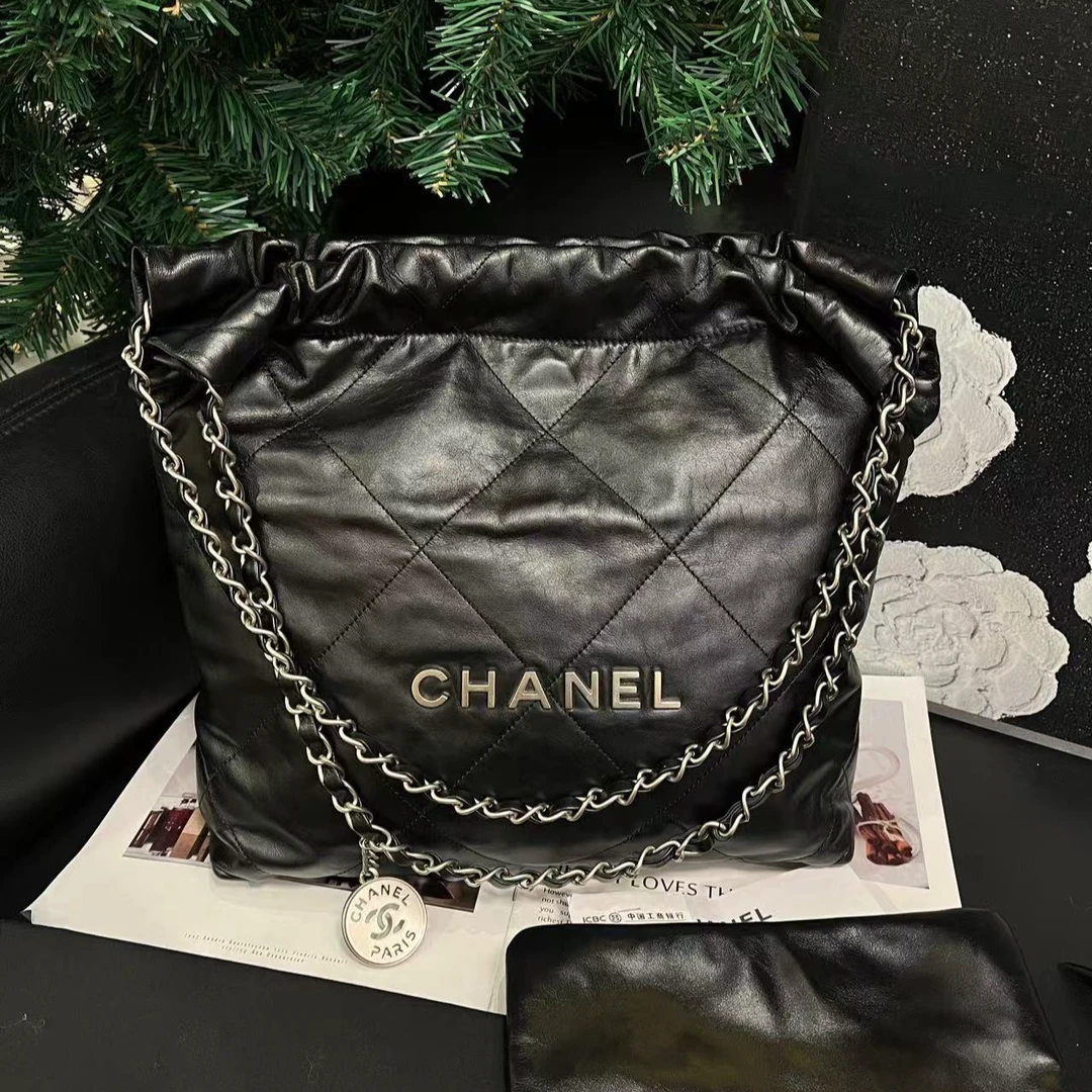 99新 Chanel/香奈儿 黑银芯片22bag单肩包B1205