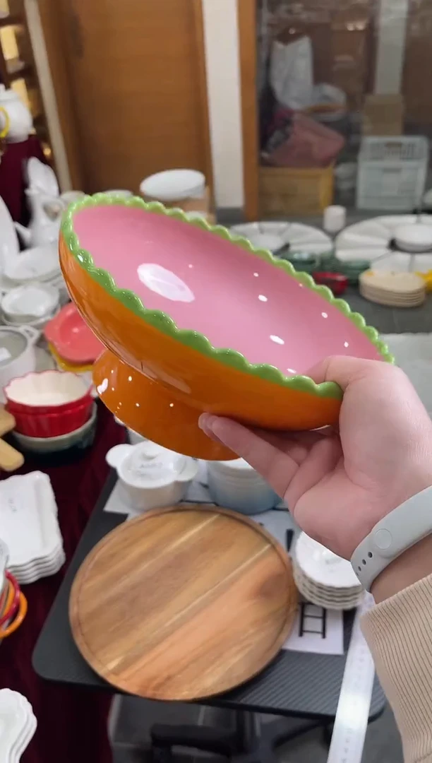 摆件陶孤品橙色高脚果盘