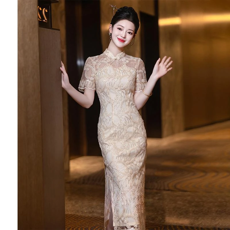 新中式订婚礼服2025新款香槟色蕾丝旗袍改良晨袍连衣裙平时可穿女