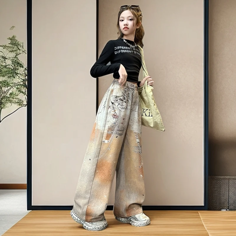 女童春秋款裤子2025新款印花设计感秋季中腰休闲裤长款阔腿牛仔裤