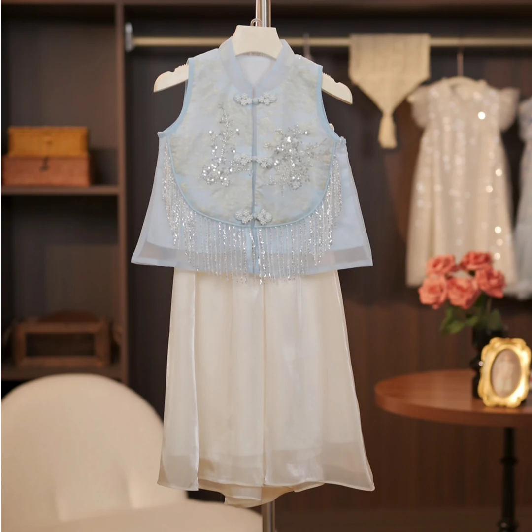 【佳人】套装#女童夏季新中式蓝色上衣+裤子