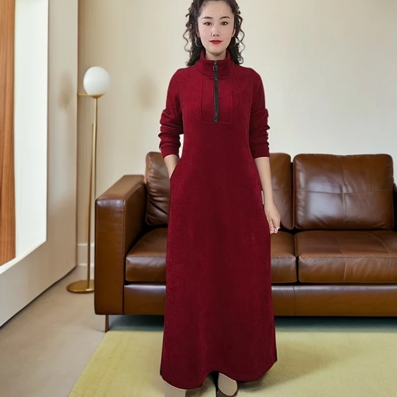 002秋季新款休闲长袖立领连衣裙百搭时尚中老年气质打底连衣裙