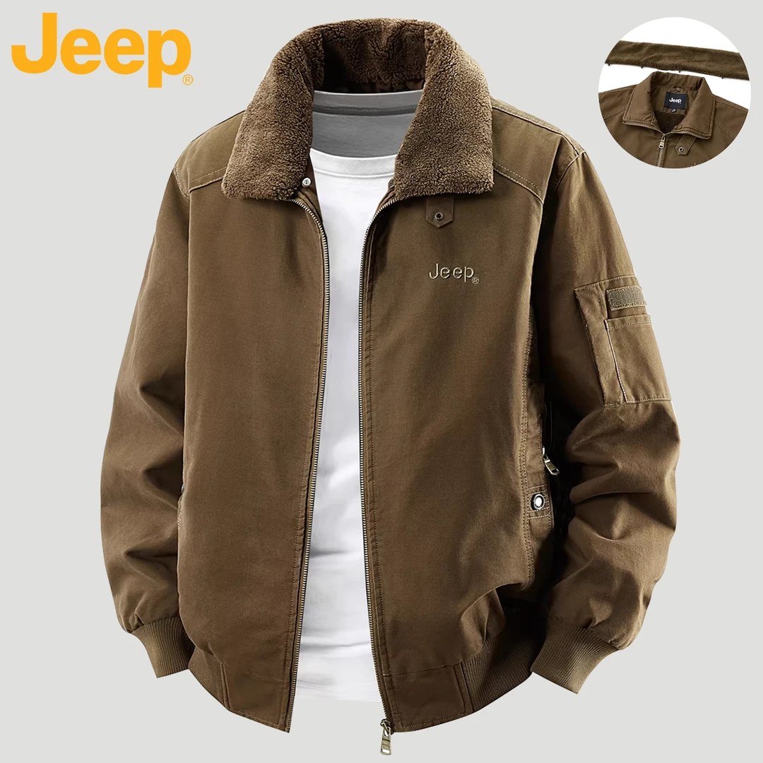 美国JEEP吉普冬季加绒男士棉服户外防寒保暖可拆卸领美式水洗夹克