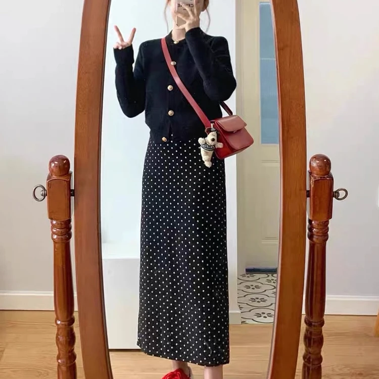 黑色波点连衣裙子女装2025初秋季新款香风秋装穿搭一整套装0244