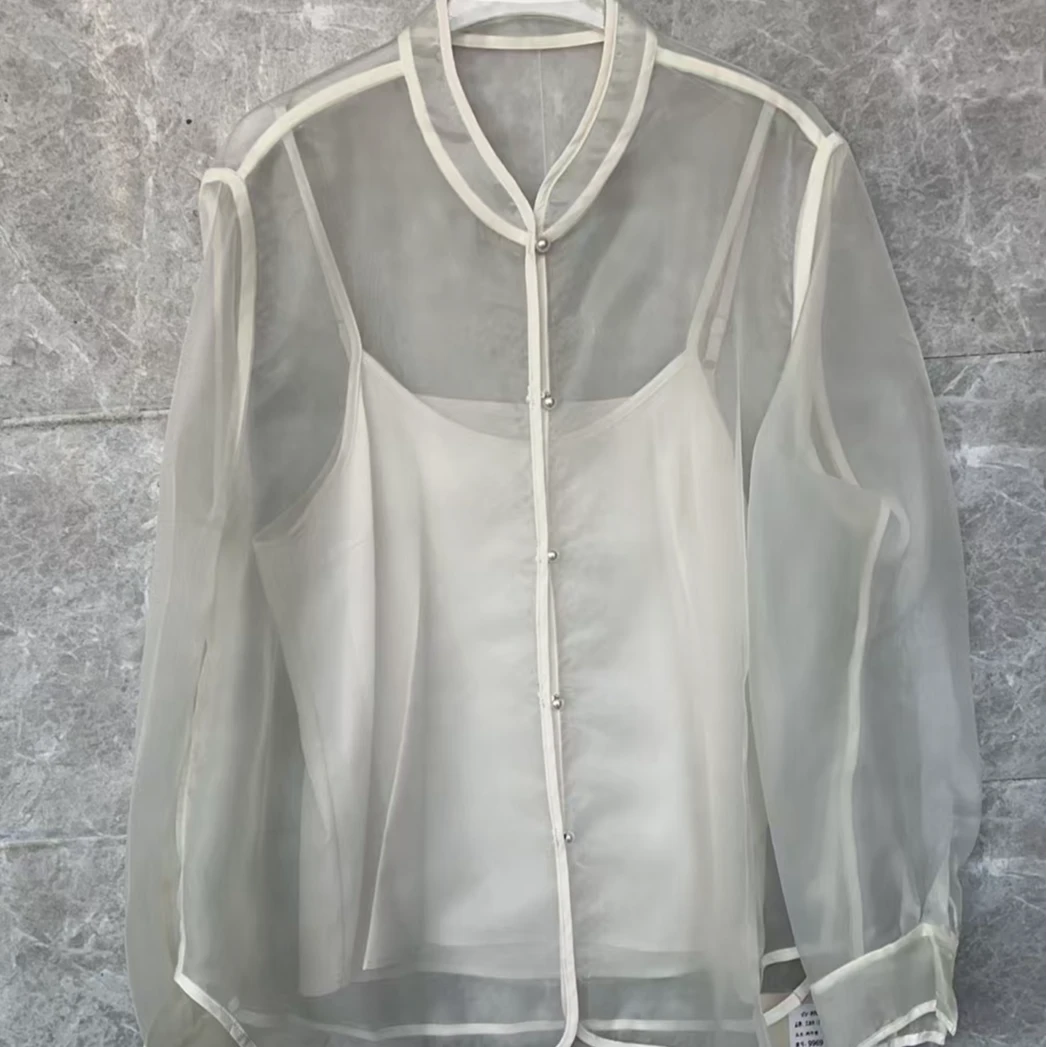 韩系春夏时尚防晒立领新中式薄款长袖衬衫出行气质白色女装女士