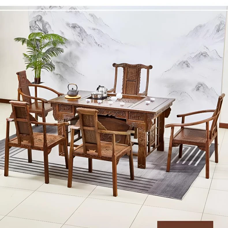 红木家具鸡翅木茶桌古典中式茶台多功能功夫茶几茶桌椅组合