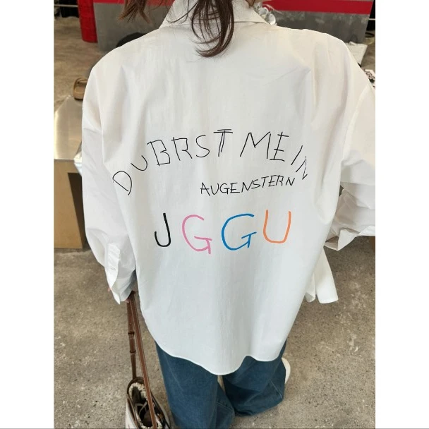 晶咕【日落彩绘】韩系大版后背彩色JGGU印花长袖慵懒风衬衫外套