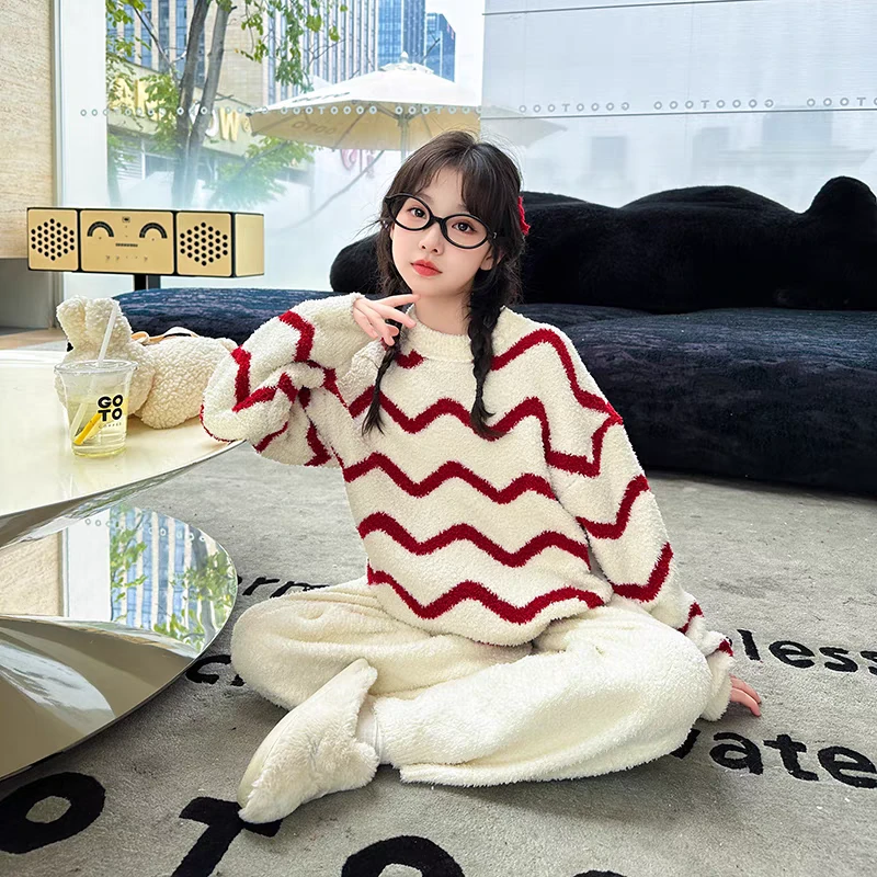 女童睡衣秋冬款2025新款儿童加厚家居服女孩初中生冬季半边绒套装