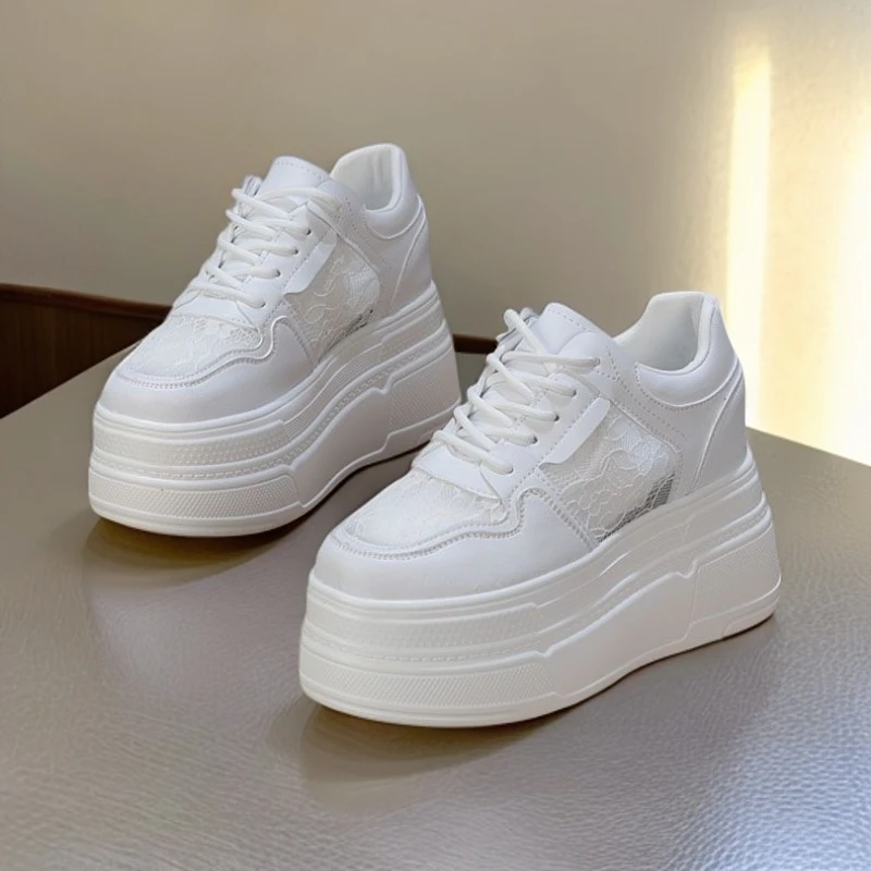 超跟高10cm夏季蕾丝网面透气高跟小白鞋厚底鞋时尚百搭休闲女鞋单