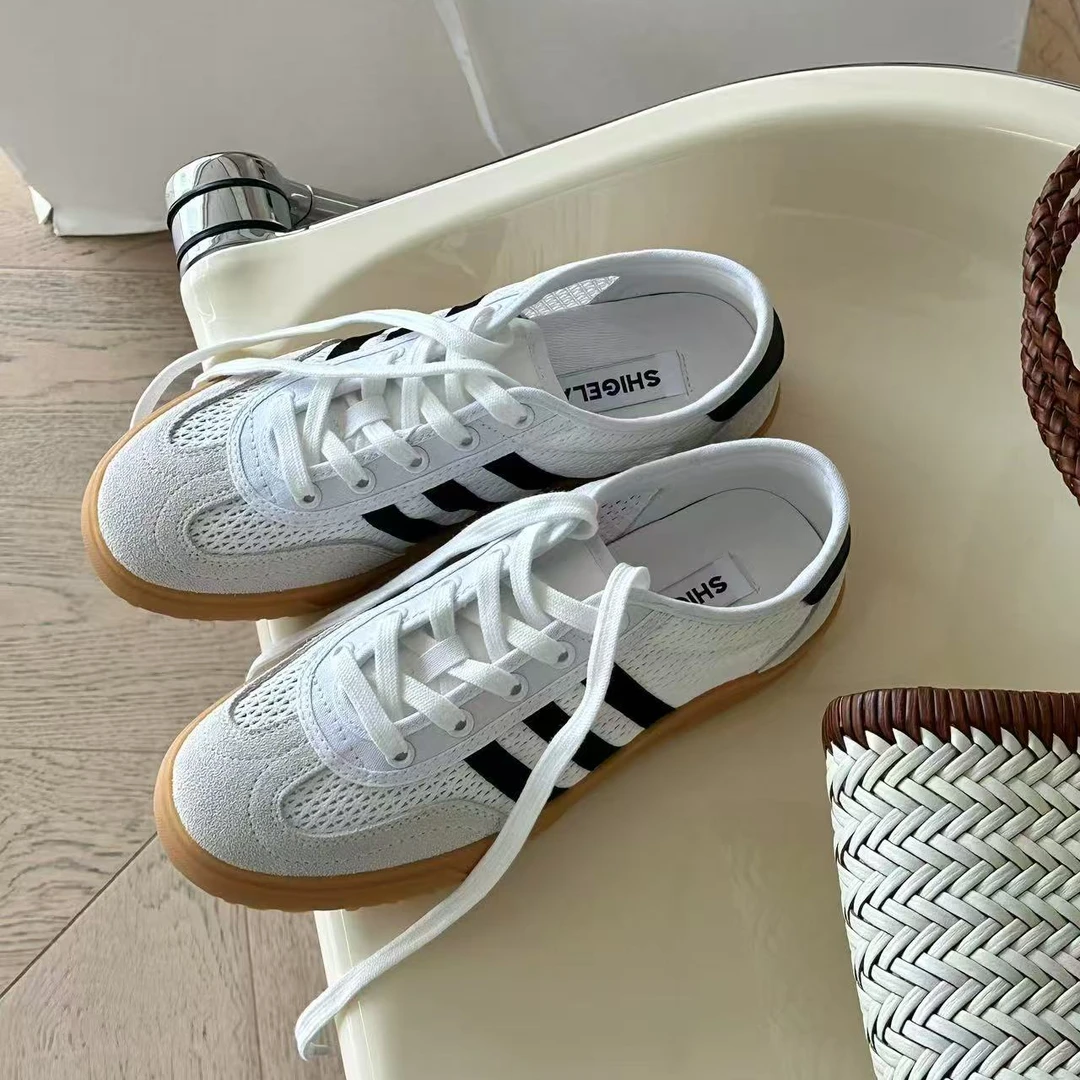 诗歌真皮女鞋2025夏款网面透气百搭圆头平底系带运动休闲鞋德训鞋