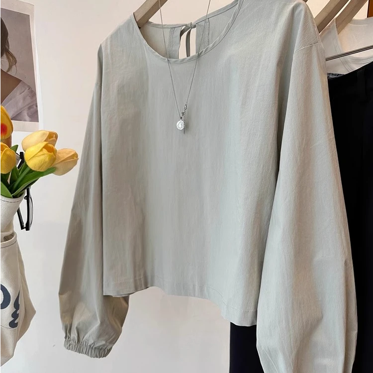 9969纯棉设计感拼接系带灯笼袖套头衬衫女韩版宽松娃娃衫上衣百搭