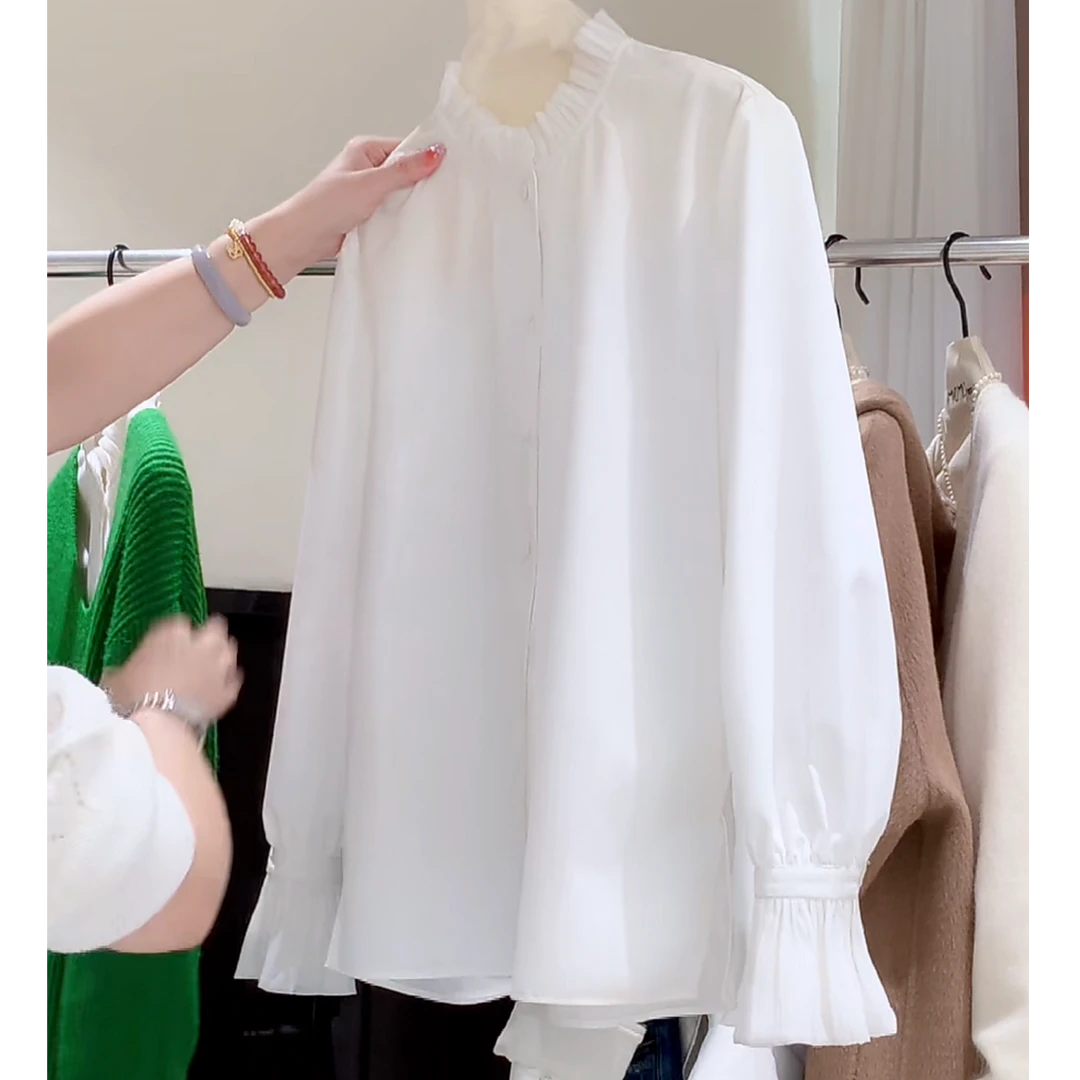 设计精致木耳边领荷叶袖百搭衬衫女2025春款不透亲肤不易皱白衬衣