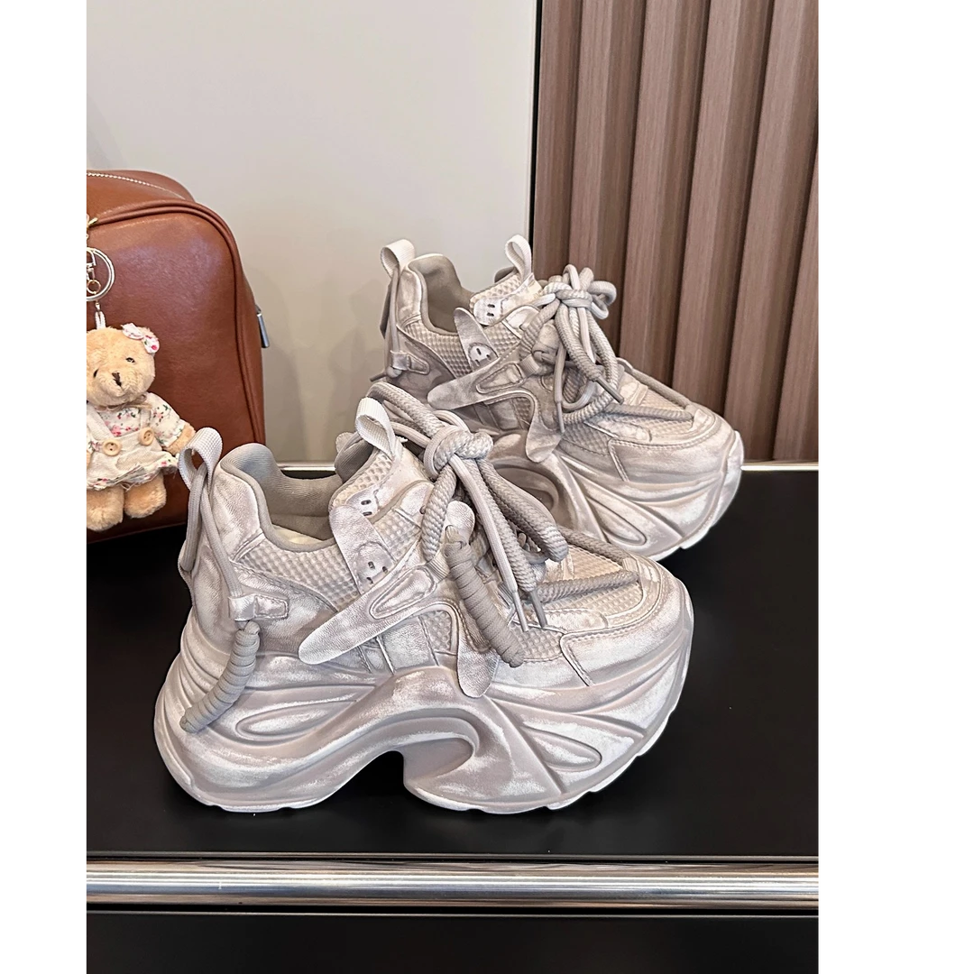 韩版厚底10cm隐形内增高老爹鞋女擦色做旧小个子休闲运动松糕鞋