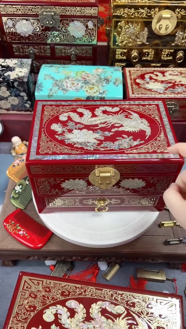 平****＃24厘米三层单抽高奢款掐丝螺钿镶嵌酒红铜扣凤凰