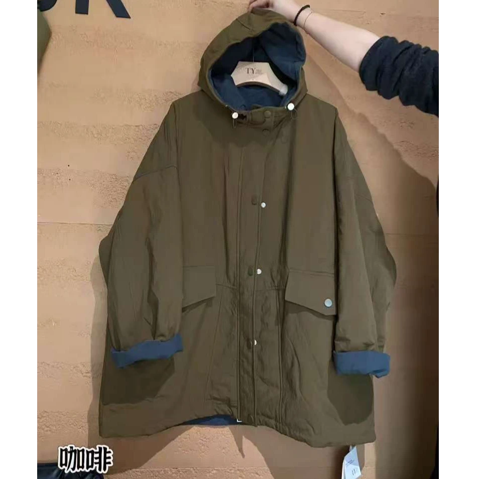 秋款休闲百搭宽松大版连帽中长款上衣女款