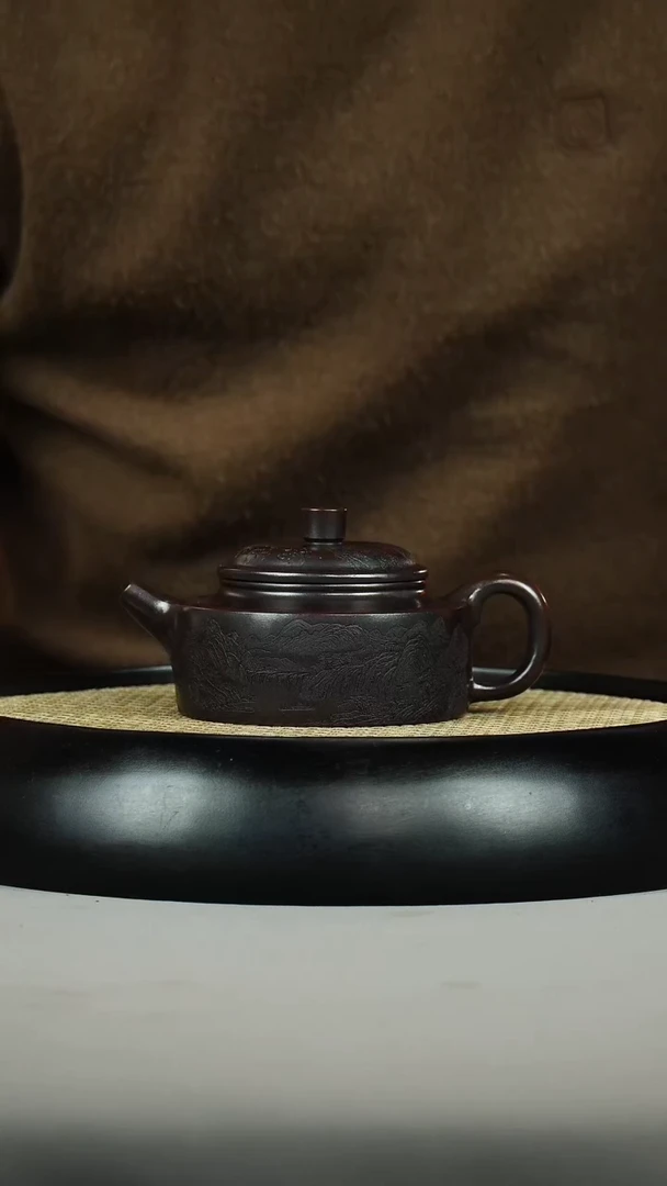 茶壶紫砂古乌泥 扁德中 刻绘山水