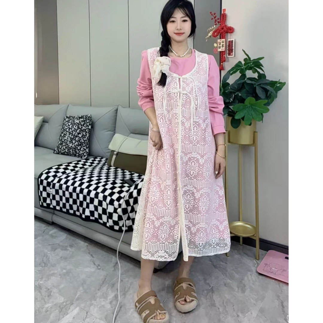 四月家~春季新款多巴胺衬衫长裙+氛围感蕾丝罩衫两件套387