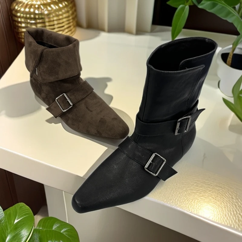 2226防滑磨砂短靴尖头四季靴子粗跟时尚女靴中跟女秋冬