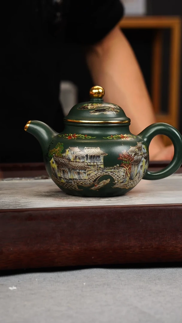 【闪购商品】紫砂茶壶绿泥 掇球 忆江南珐琅彩