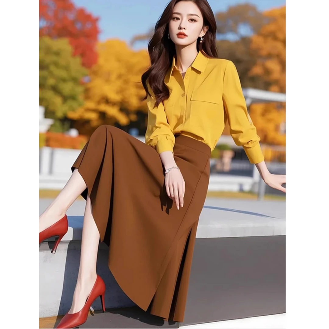 开春穿搭一整套新款女神范时尚高级感黄色衬衫棕色半身裙两件套装