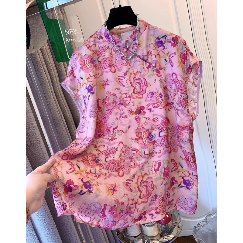 高级感新中式气质提花缎面短袖衬衫宽松时尚薄款上衣女2025夏新款