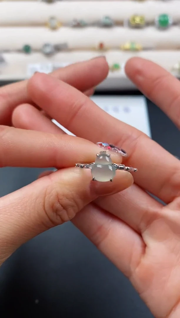 银S925镶嵌戒指翡翠天然缅甸A货翡翠33  6-