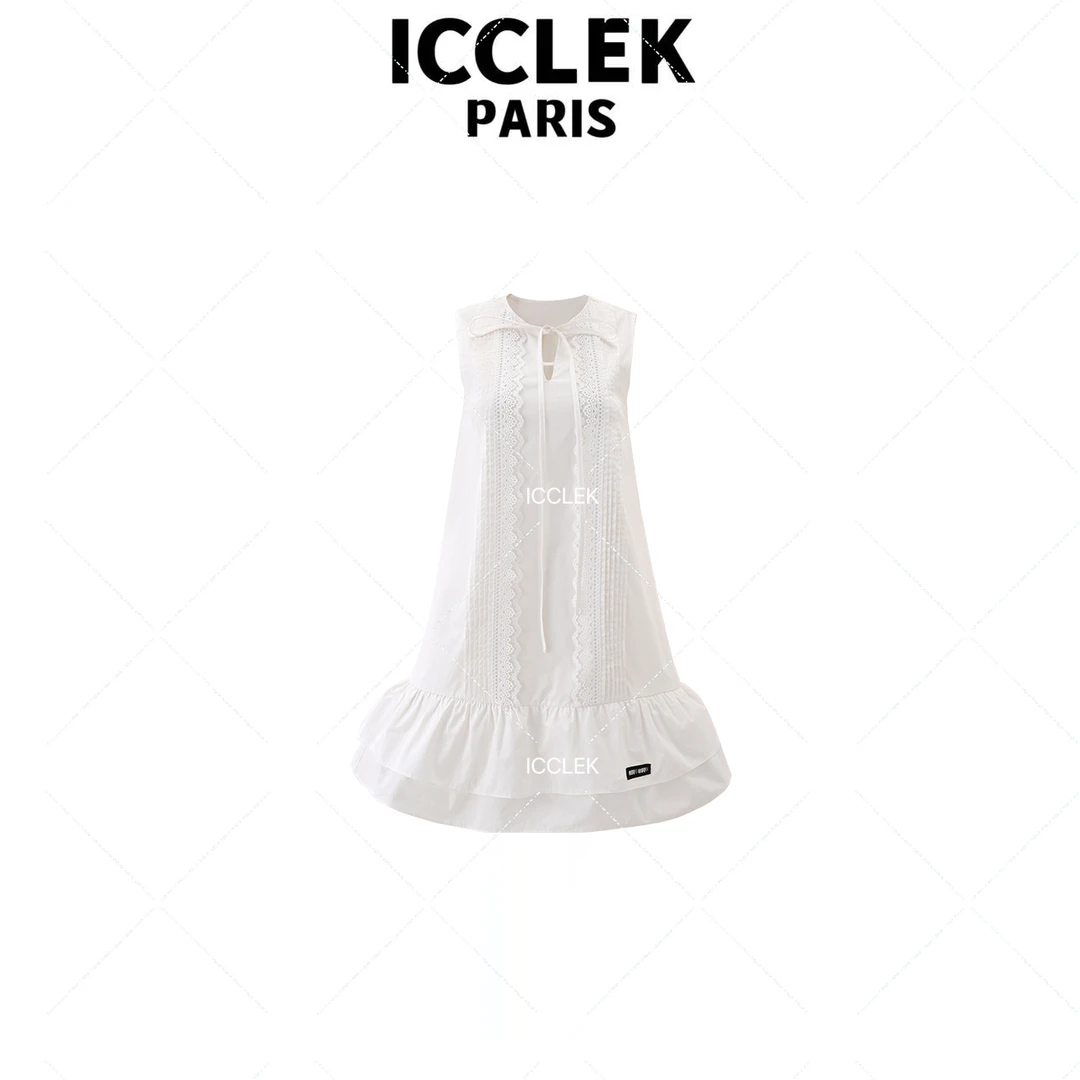ICCLEK 白色圆领抽绳无袖连衣裙休闲百搭通勤夏季显瘦裙子 - 1388