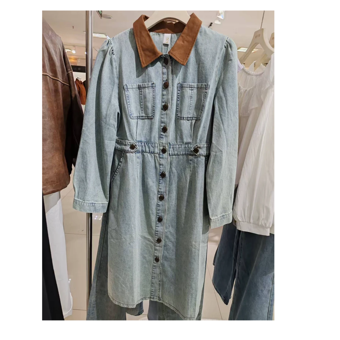 显瘦气质长袖时尚百搭复古收腰拼接休闲宽松中长款韩版水洗秋季