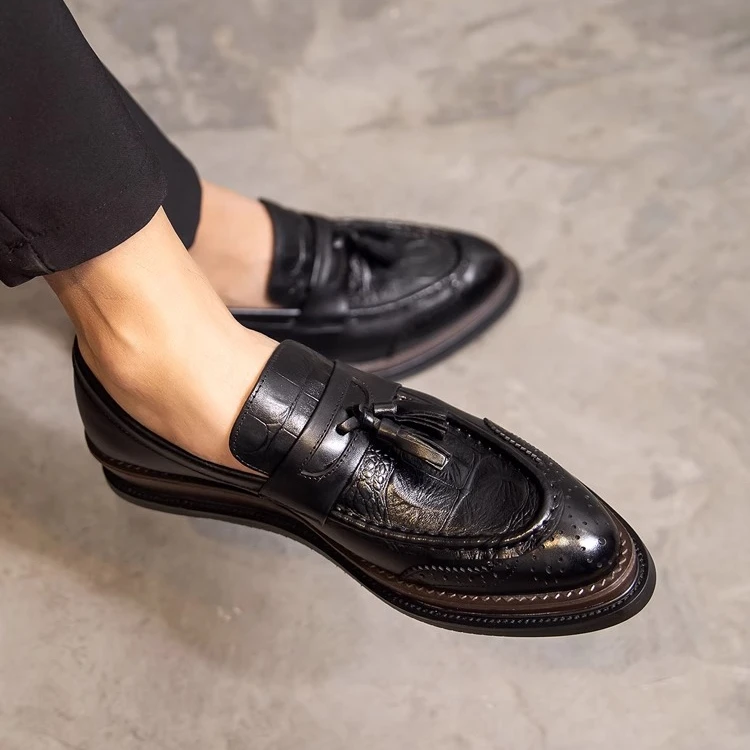 手工定制皮鞋男英伦风新款真牛皮套脚一脚蹬厚底松糕尖头流苏皮鞋