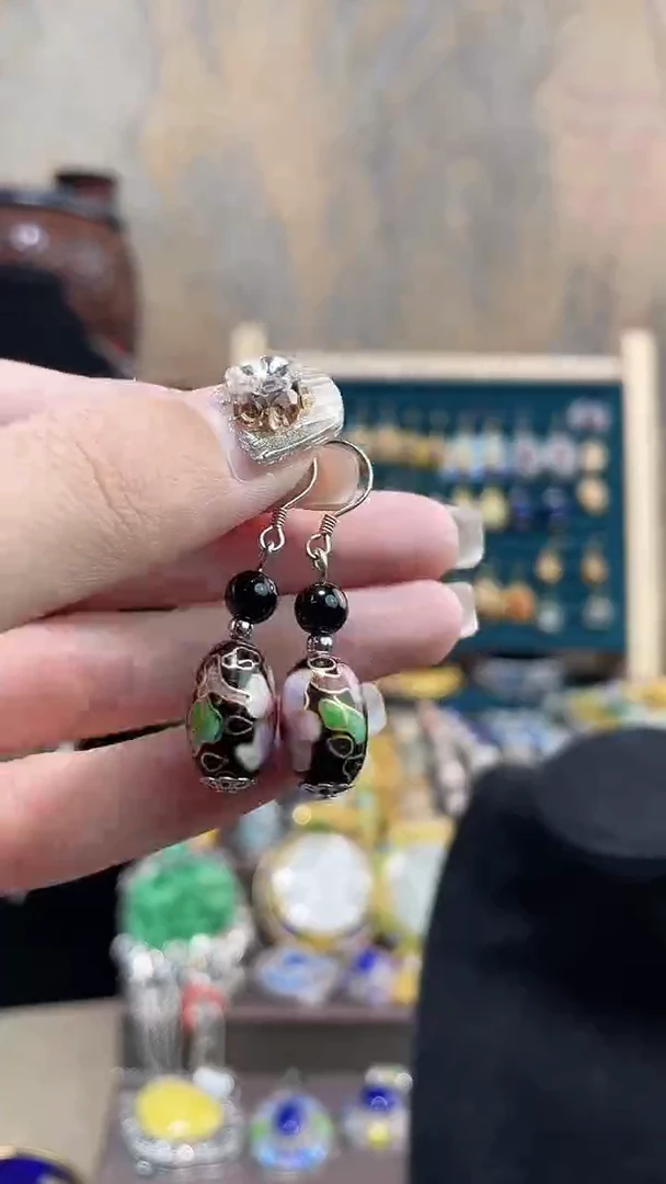 非遗手工景泰蓝耳环枣核大黑色