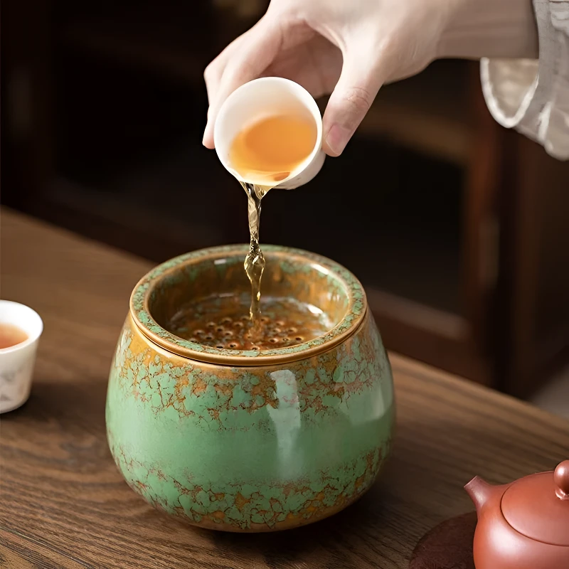 窑变带盖茶渣缸家用大号桌面水盂建水茶水缸废水功夫茶道配件茶洗