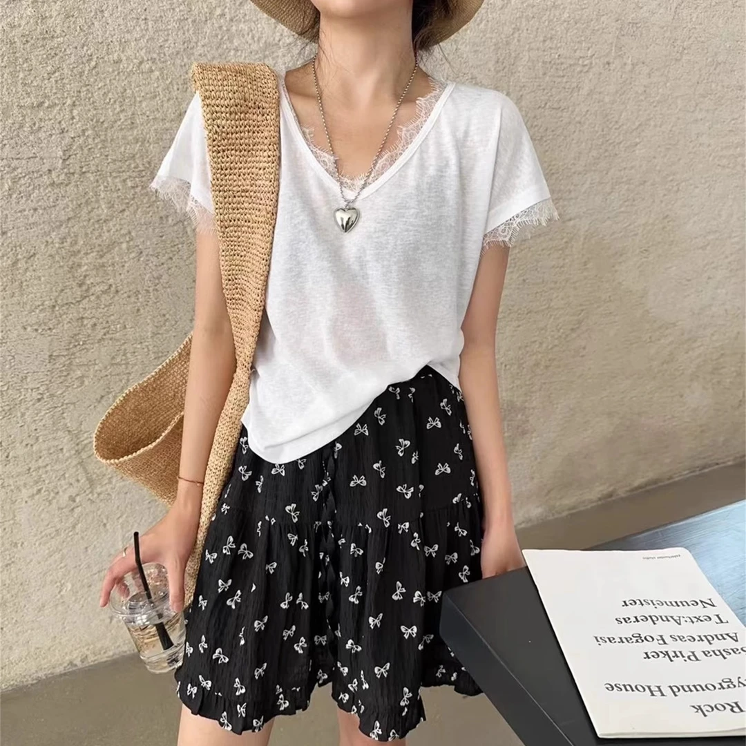 (8062)韩系高级感V领正肩短袖T恤女夏季宽松微透内搭蕾丝拼接上衣