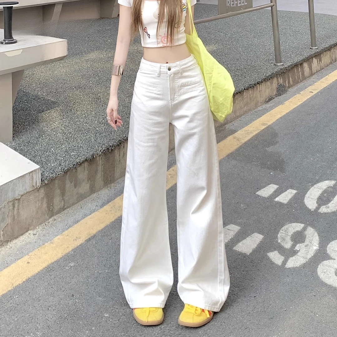 设计感白色直筒牛仔裤女爆款2025新款高腰显瘦宽松垂感拖地阔腿裤