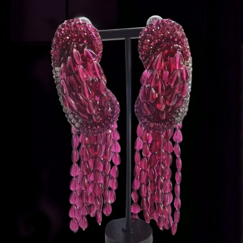 铜合金亚克力耳饰 【伊琳甄选】粉色长款重工素款复古欧美流苏耳夹