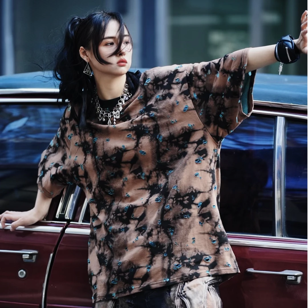 原创【彗星】重磅涂鸦短袖拼接破洞扎染短袖高街潮牌痞帅半袖小众设