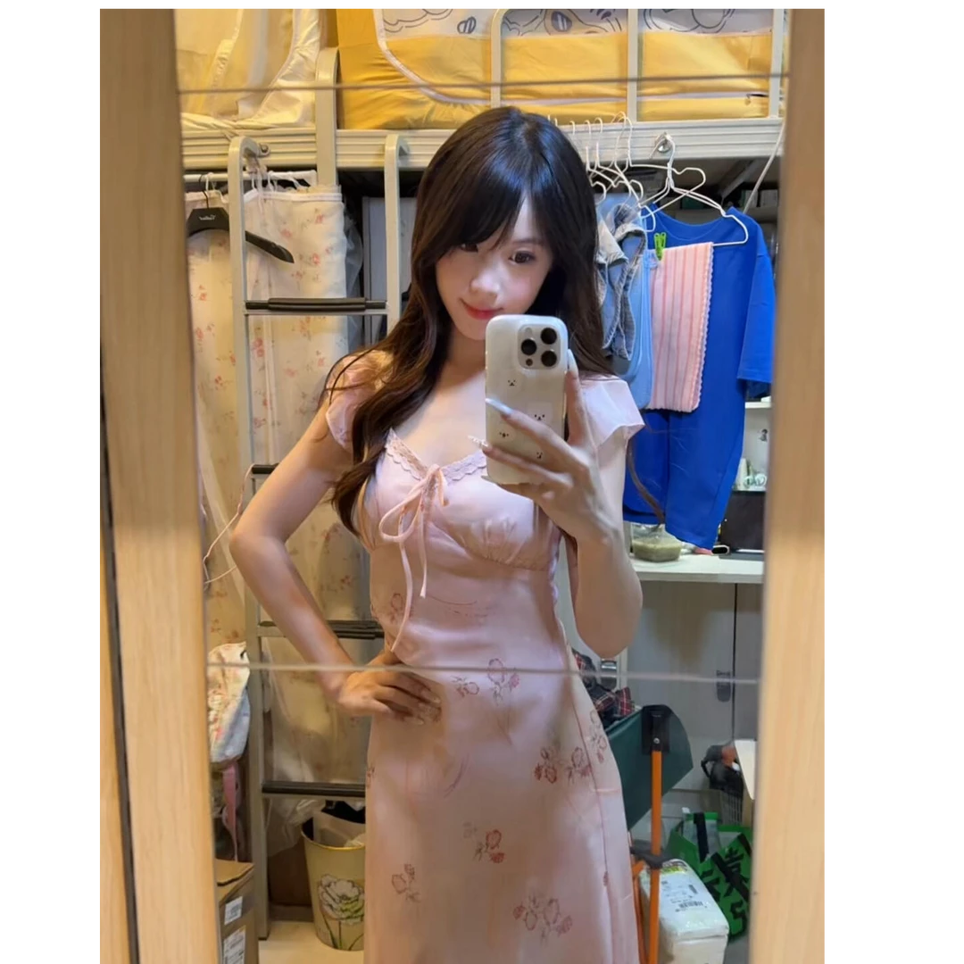 parkyeon法式V领粉色小飞袖碎花连衣裙仙女气质收腰长裙郑在在