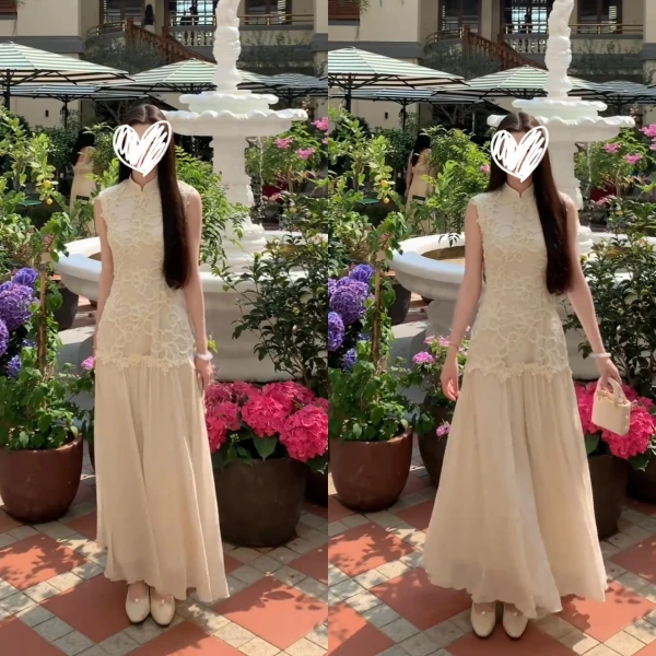 2025新款设计感小众法式提花拼接连衣裙女夏国风蕾丝无袖气质长裙