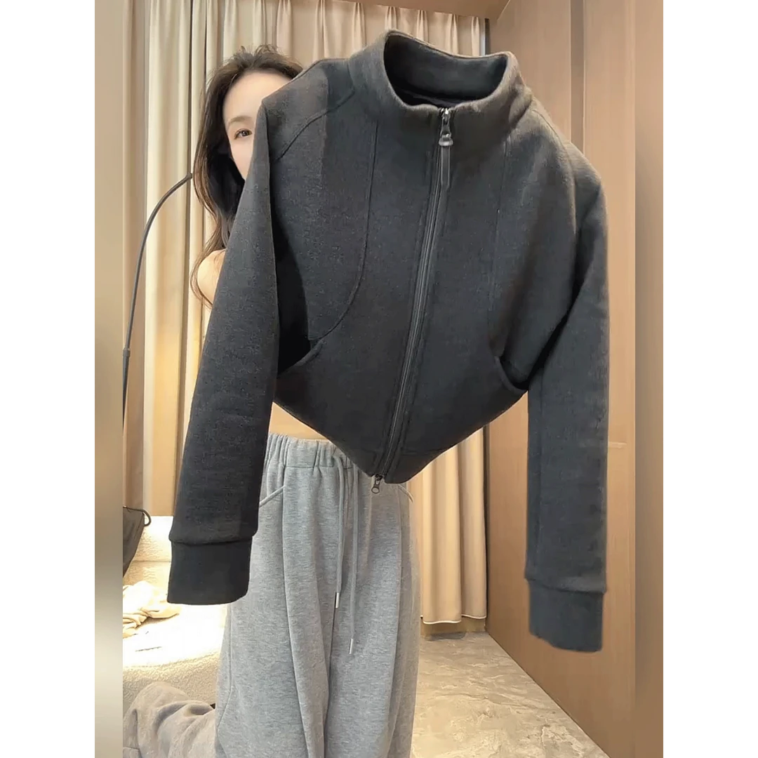 欧货深灰色立领加绒休闲卫衣外套女秋冬新款宽松显瘦短裤开衫上衣