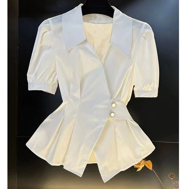 白色夏季新款收腰短袖V领衬衫女时尚轻奢设计感抽褶显瘦百搭上衣