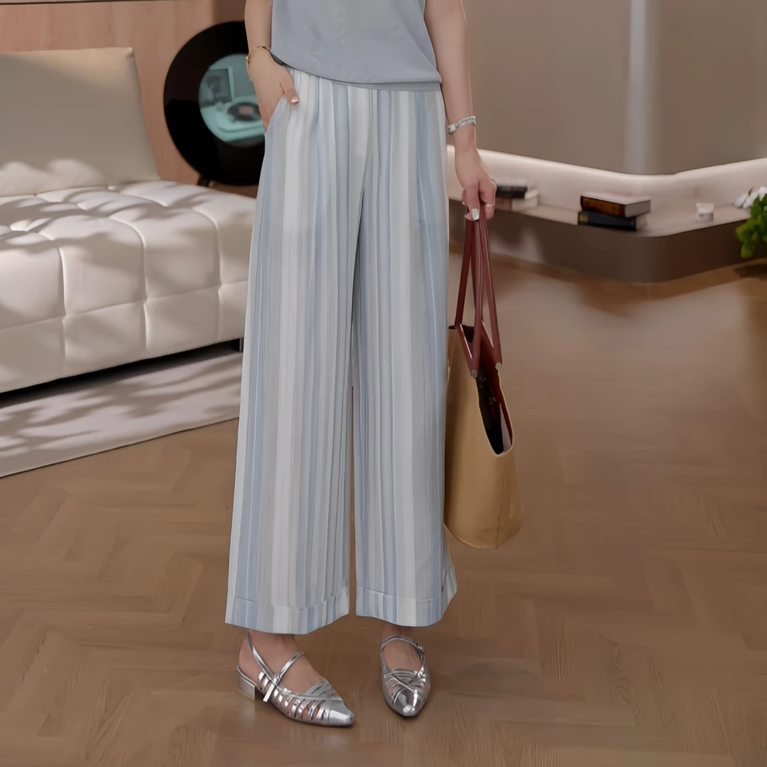 豆豆3【亚麻风情裤】 条纹休闲裤阔腿裤垂感夏季显瘦裤子-DX9002